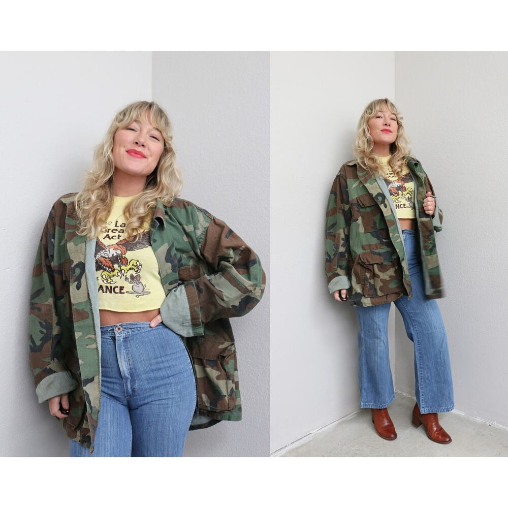 1980's Vintage Army Woodland Combat Camo Military Jacket ~ Women's XL XXL XXXL